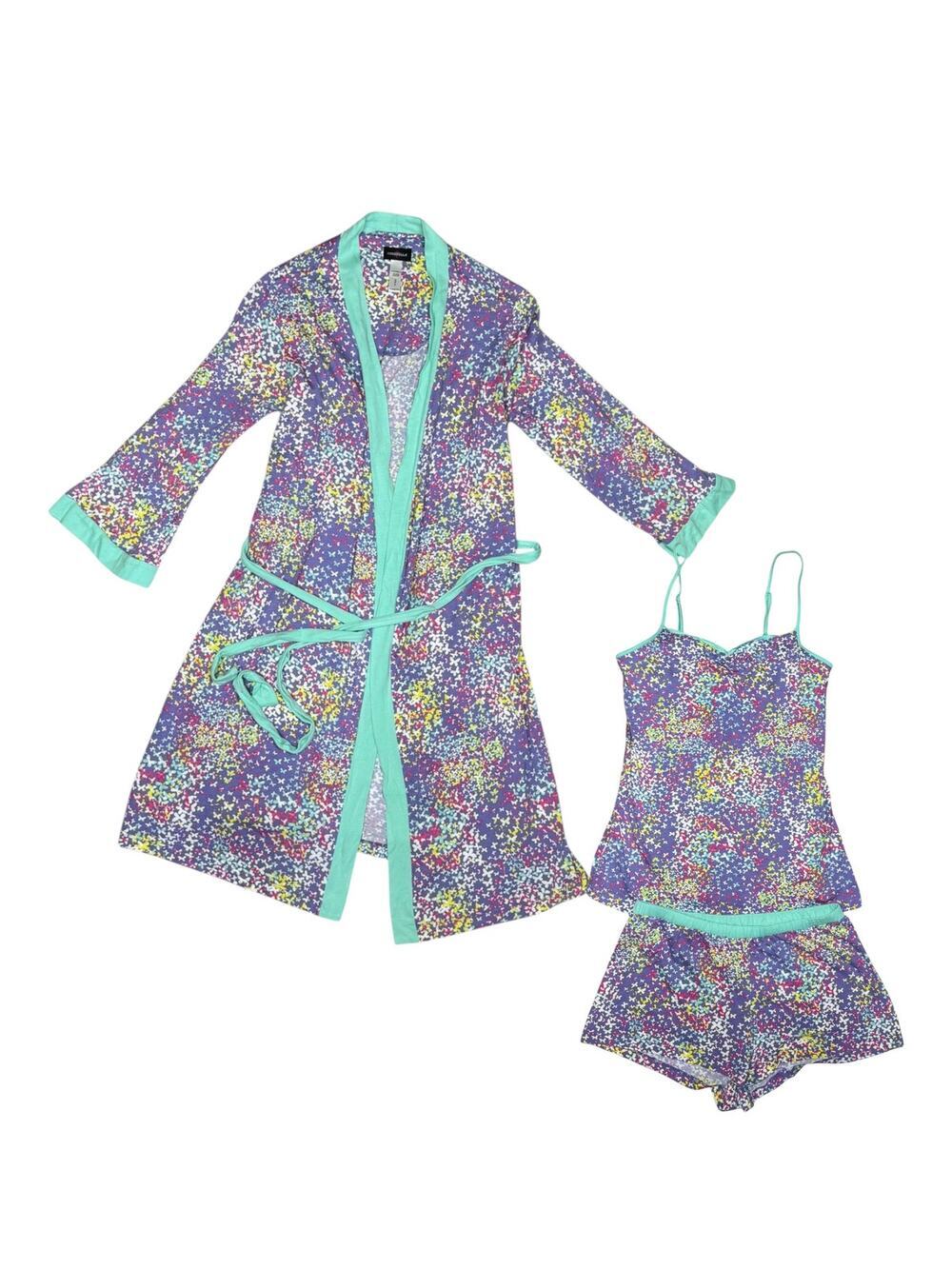 Cosabella y2k Ditsy Floral Purple Green 3 Piece Pajama Robe Set Size Small